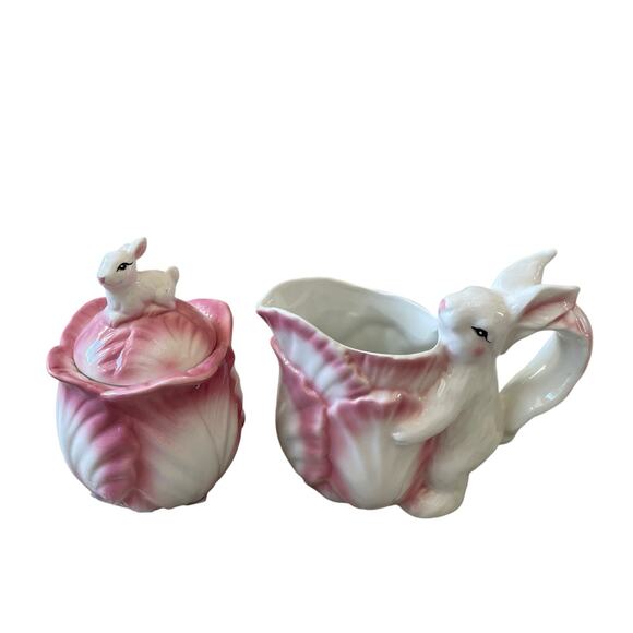 Corner Ruby Spring Collection Pink Cabbage & Bunny Creamer & Sugar Bowl New - Picture 8 of 16